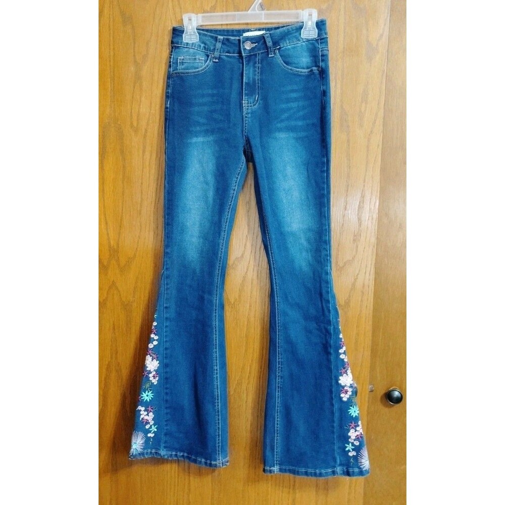 Bamboo Flare Jeans Womens Size 7 Blue Excellent Floral Embroidered Bell Bottom